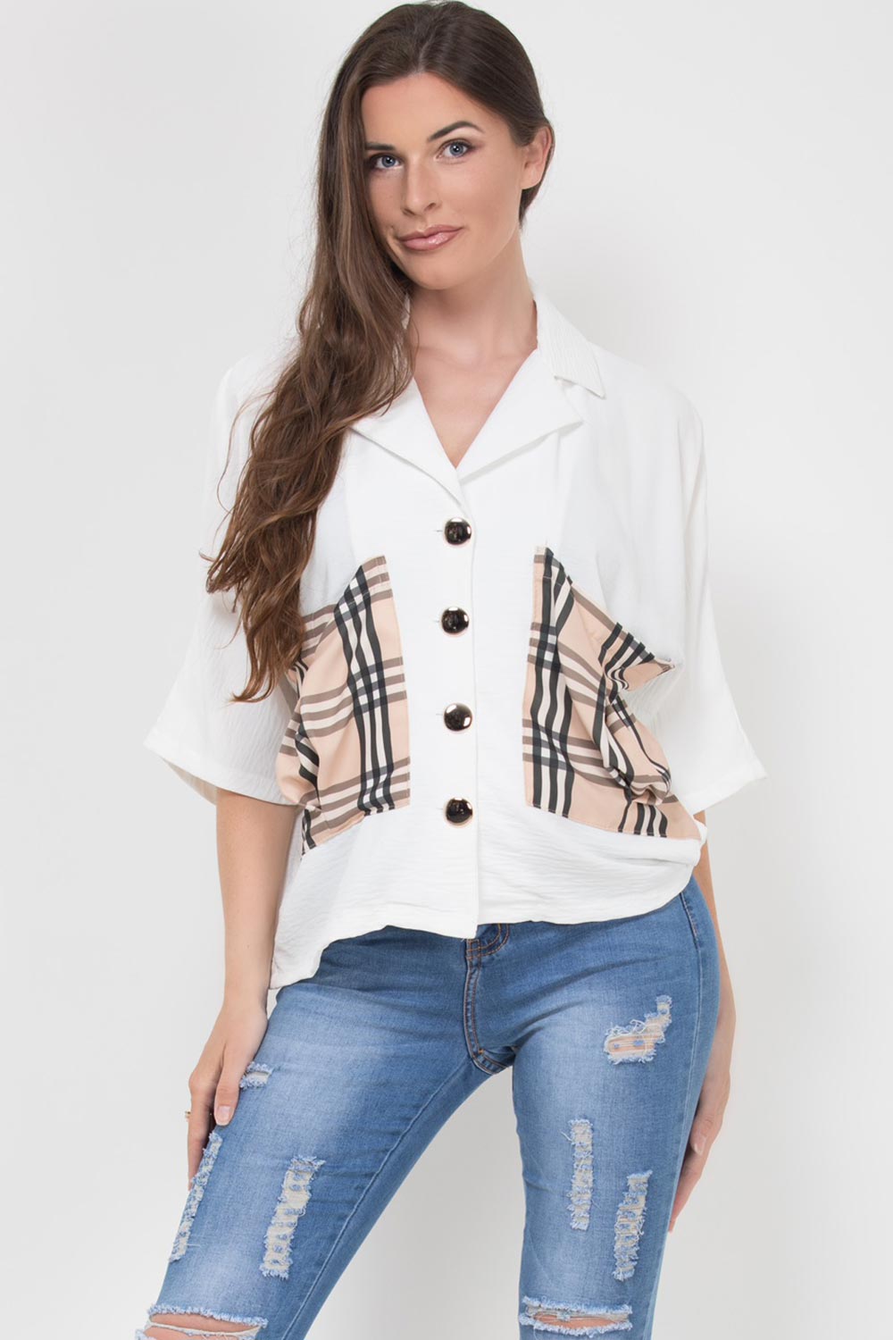oversized blouse with check pockets and gold buttons