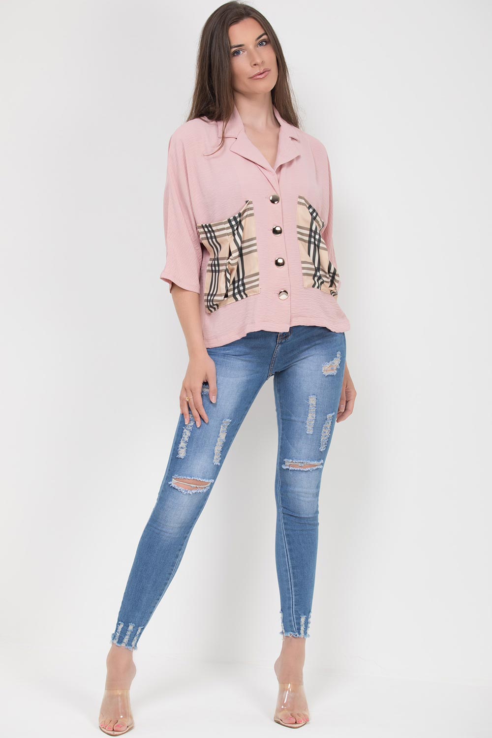 pink oversized blouse jacket with check pockets and gold buttons