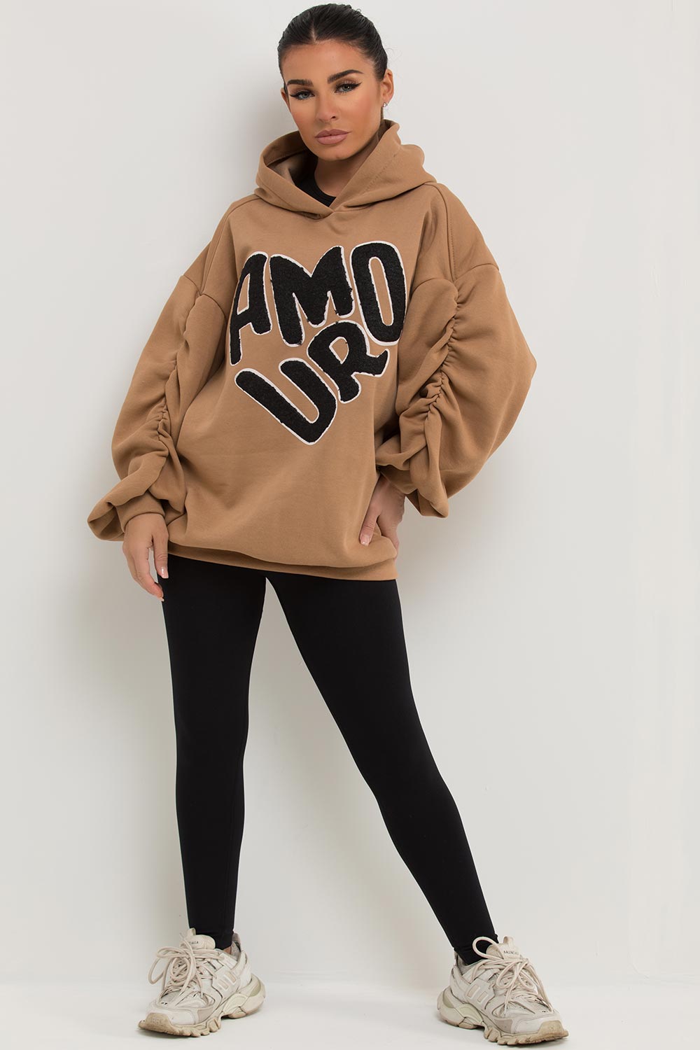 oversized hoodie with amour ruched gathered sleeves