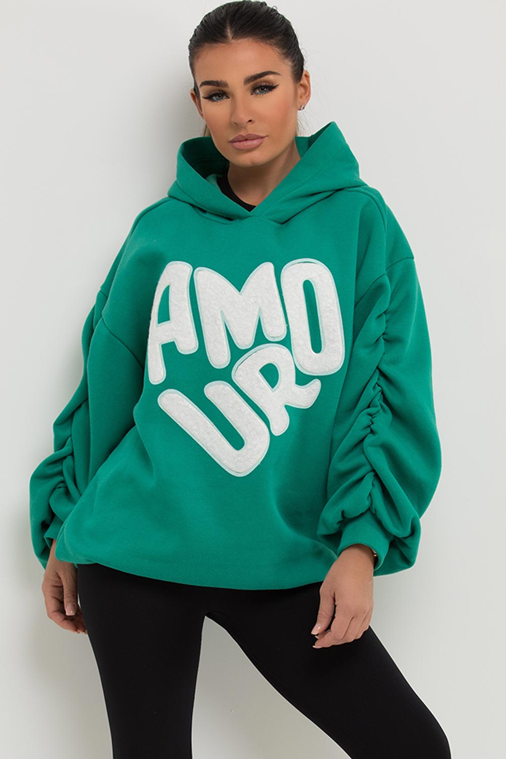 amour slogan ruched sleeve oversized hoodie