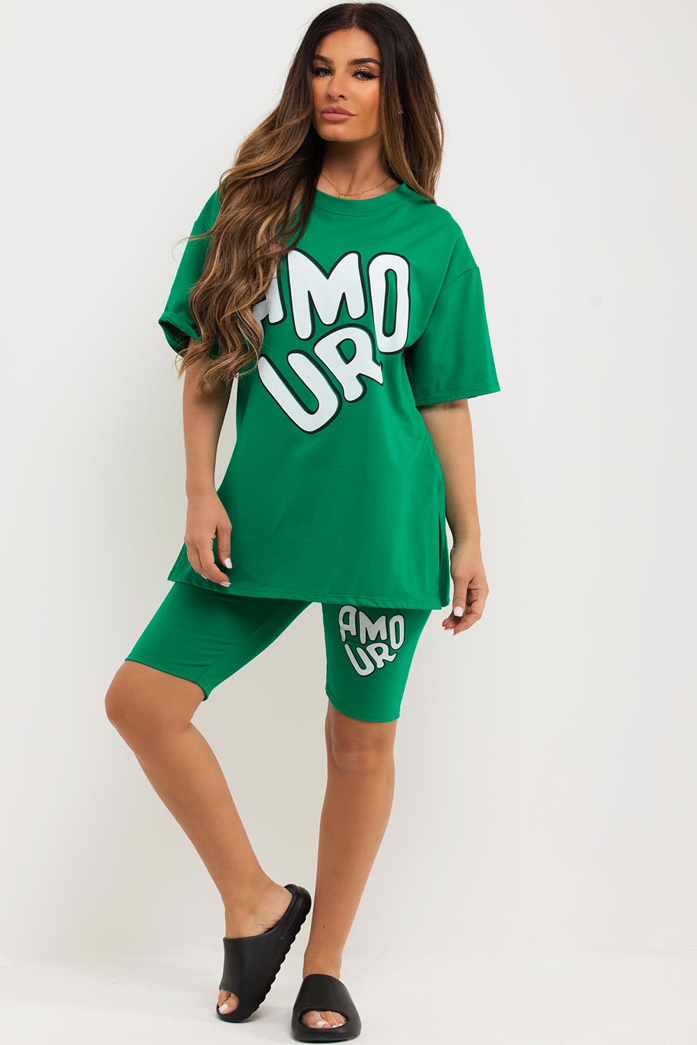 womens cycling shorts and t shirt co ord with amour slogan