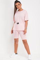 pink cycling shorts top two piece set with belt 
