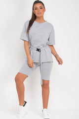 grey cycling shorts and oversized top with belt two piece set 
