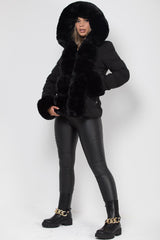black puffer down coat with faux fur hood cuff and trim