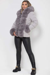 padded puffer faux fur hood jacket with belt