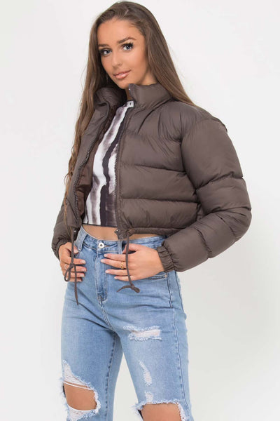 cropped puffer padded jacket with drawstring waist brown
