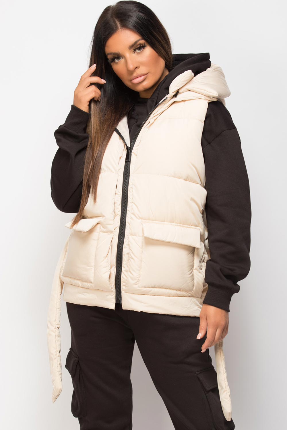 hooded padded gilet with belt beige