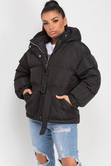 black puffer padded hooded coat with belt