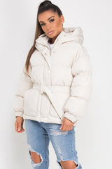 womens puffer coat with belt beige