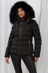 Black Puffer Padded Jacket With Faux Fur Hood