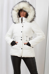 faux fur hooded puffer padded jacket white back to school