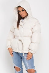 womens puffer jacket with belt beige