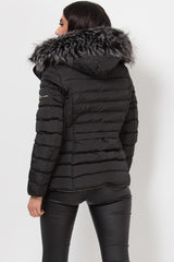 black puffer jacket with faux fur hood