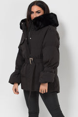 puffer padded coat with faux fur hood and belt