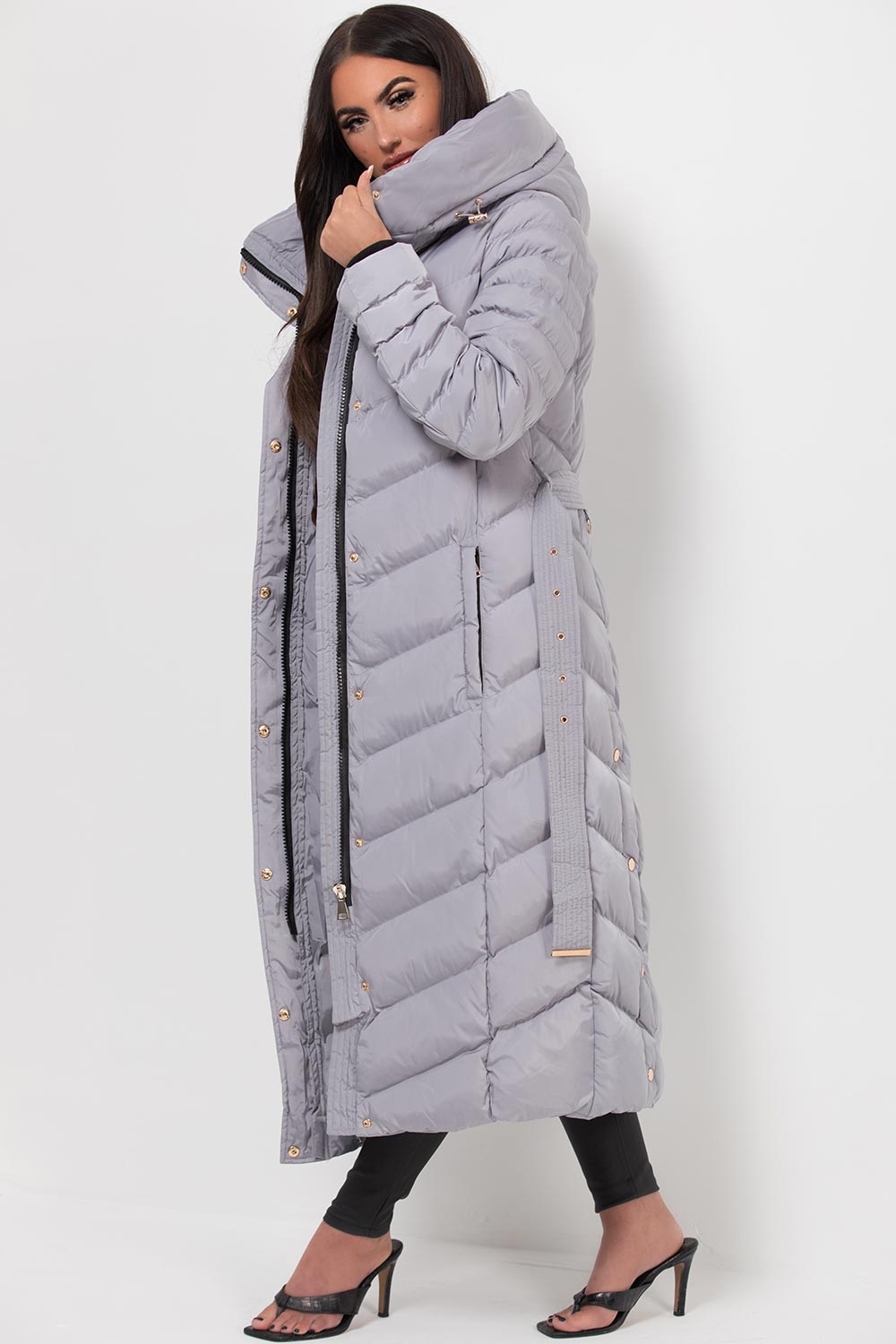 long padded puffer down coat with belt grey