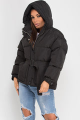black puffer padded hooded jacket with belt