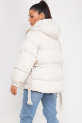 puffer padded hooded jacket with belt beige