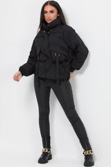 womens black puffer jacket with drawstring waist