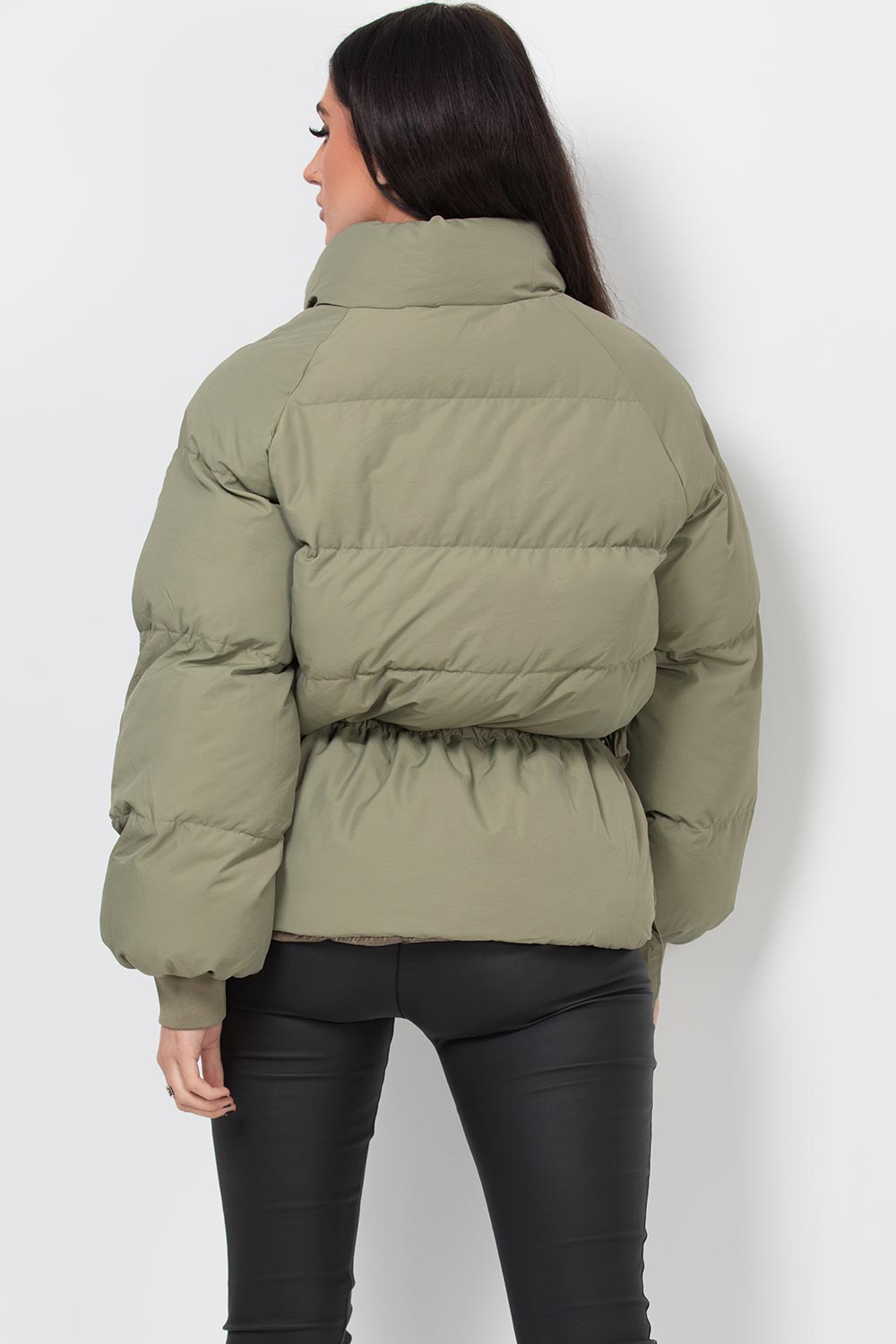 womens puffer jacket with drawstring waist