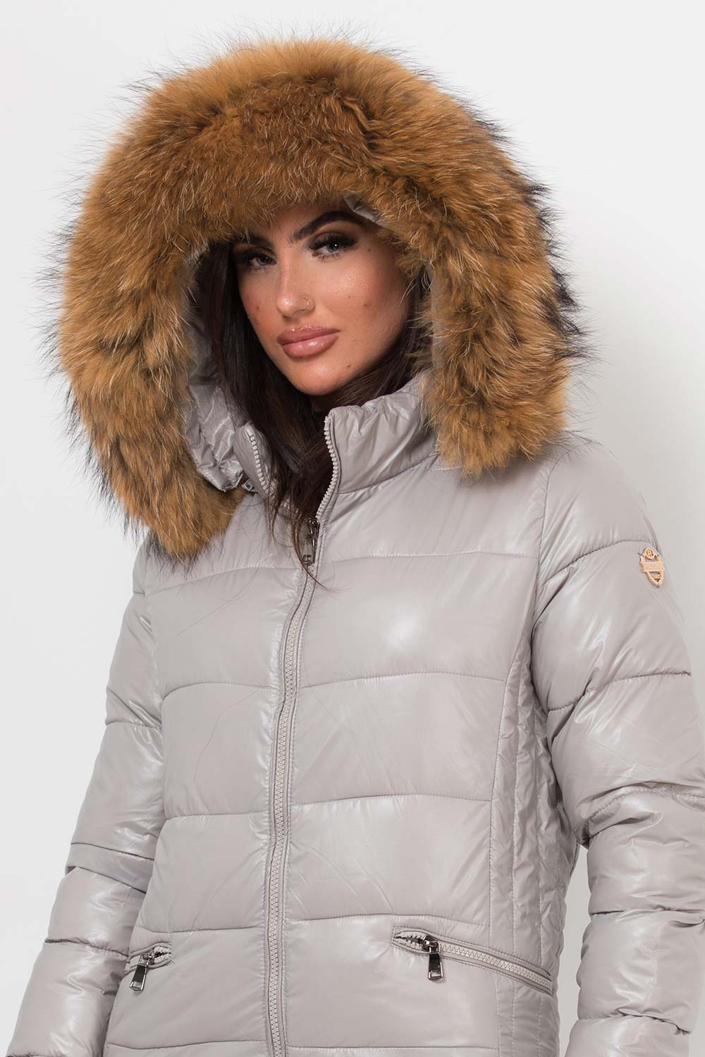womens real fur hood zavatti inspired coat grey