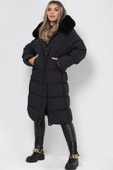 black faux fur hood puffer down coat