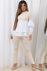 peplum frill ribbed jumper shirt and leggings co ord set