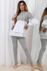 frill peplum hem ribbed top and leggings co ord loungewear set