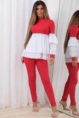 peplum frill hem ribbed jumper shirt and leggings co ord set red womens uk