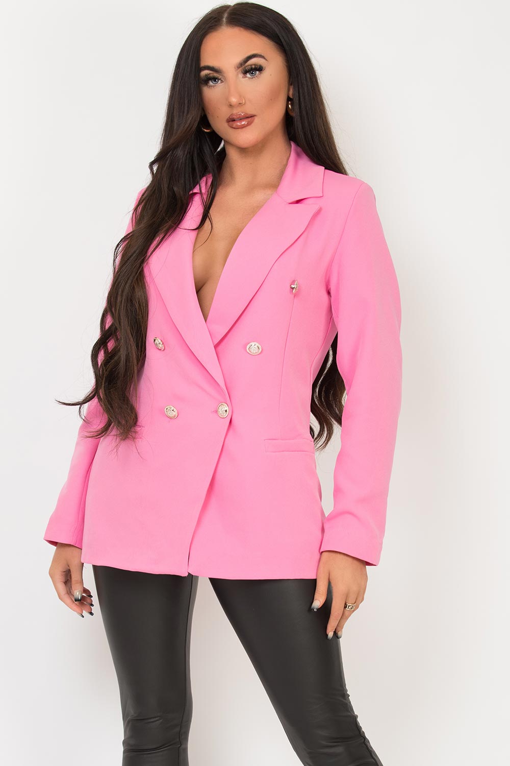 pink blazer with gold buttons womens