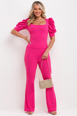 satin puff sleeve ribbed two piece set uk occasion outfit