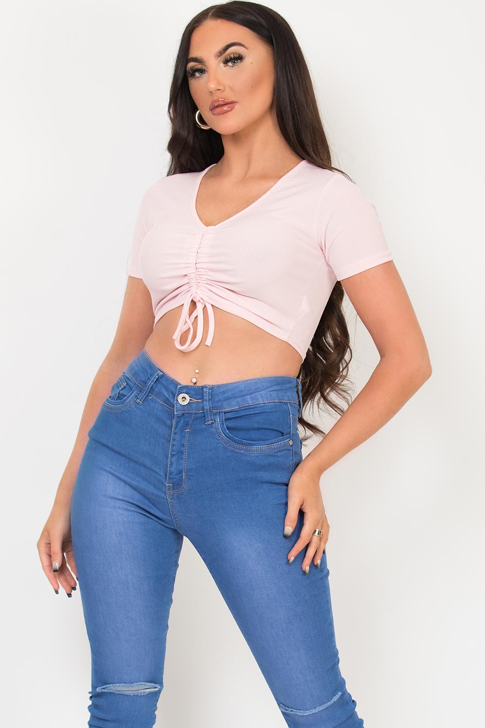 pink crop top with drawstring ruched front