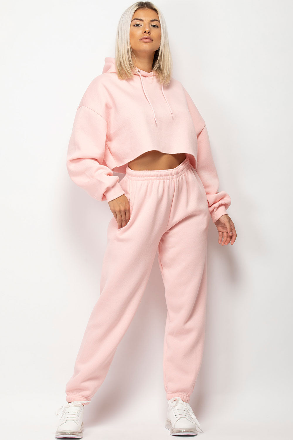 Womens Cropped Hoodie And Joggers Loungewear Set Pink –