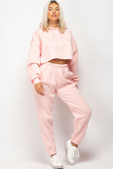 womens pink oversized cropped hoodie and joggers lounge set 
