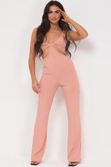 strappy cut out front rib jumpsuit pink