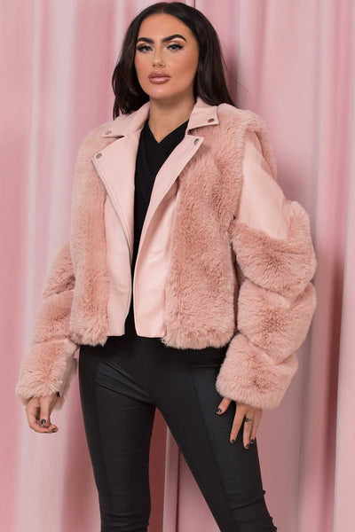 faux fur faux leather biker jacket womens