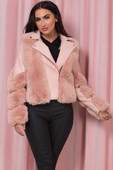 womens faux leather faux fur aviator jacket pink