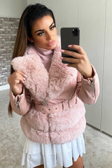 pink faux fur faux leather jacket womens 
