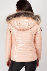 pink chunky faux fur hood padded coat 