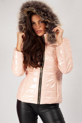 pink shiny faux fur coat 