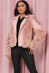 faux leather faux fur biker jacket pink