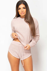 pink chunky knit jumper and shorts lounge set 