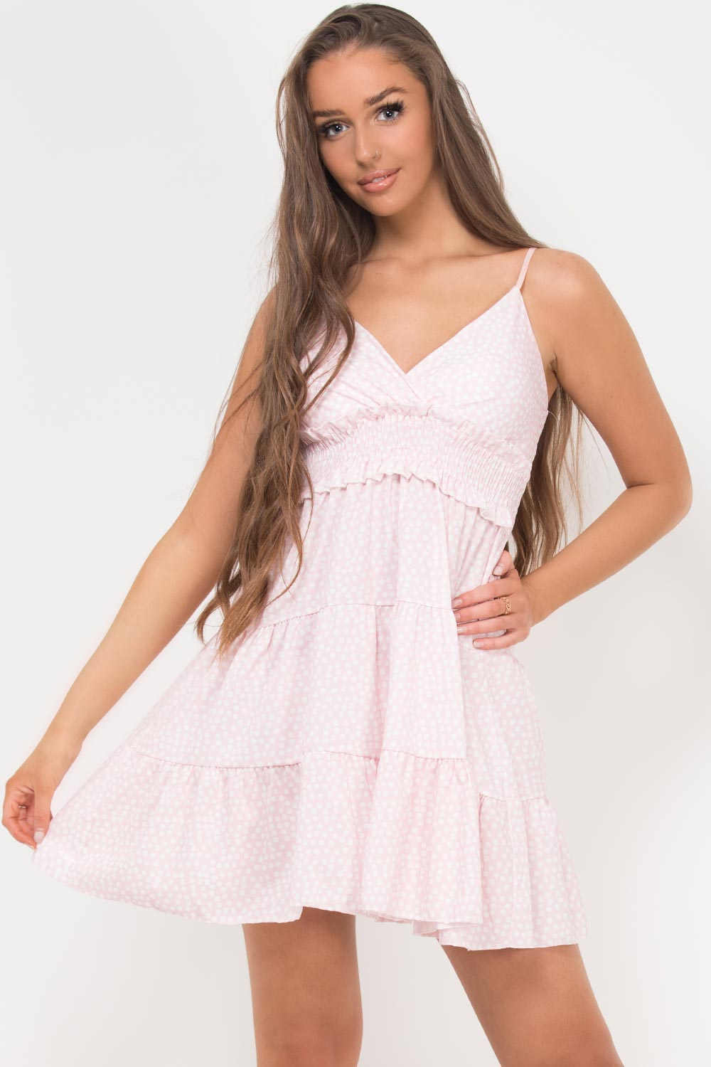 tiered strappy skater dress pink polka dots