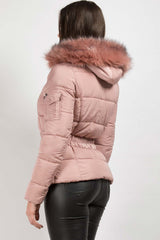 Pink Faux Fur Hooded Puffer Coat With Belt