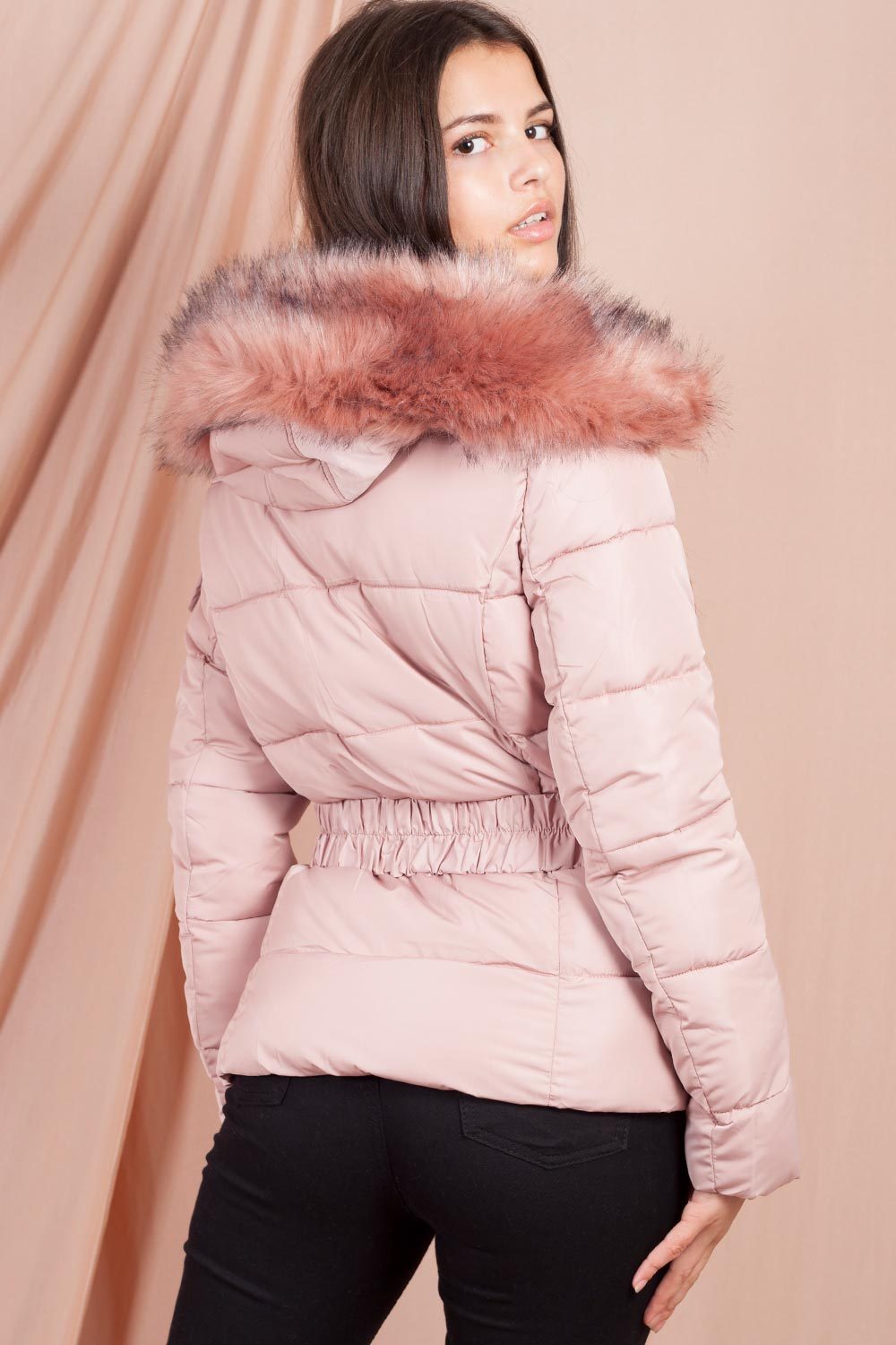 pink fur hood jacket with belt 