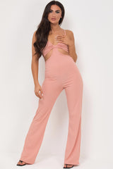 cut out front ribbed wide leg jumpsuit pink