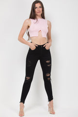 ribbed contrast stitch crop top pink