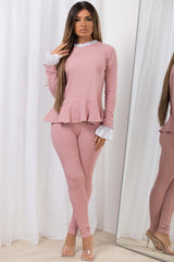 peplum frill ribbed co ord set pink