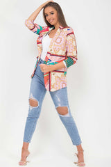scarf print blazer with ruched sleeves