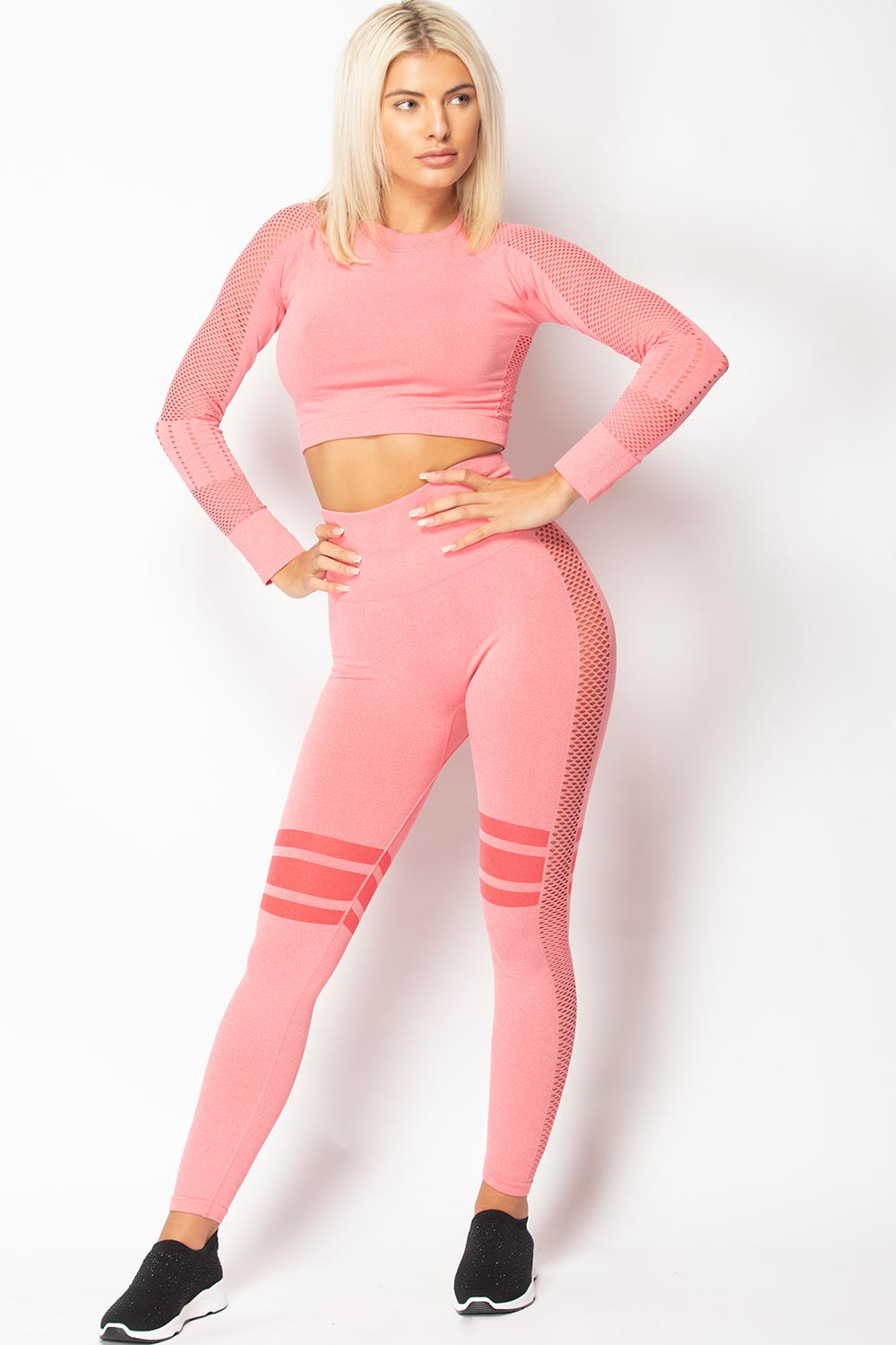Womens Pink Seamless Fitness Leggings And Top Gym Set Activewear –