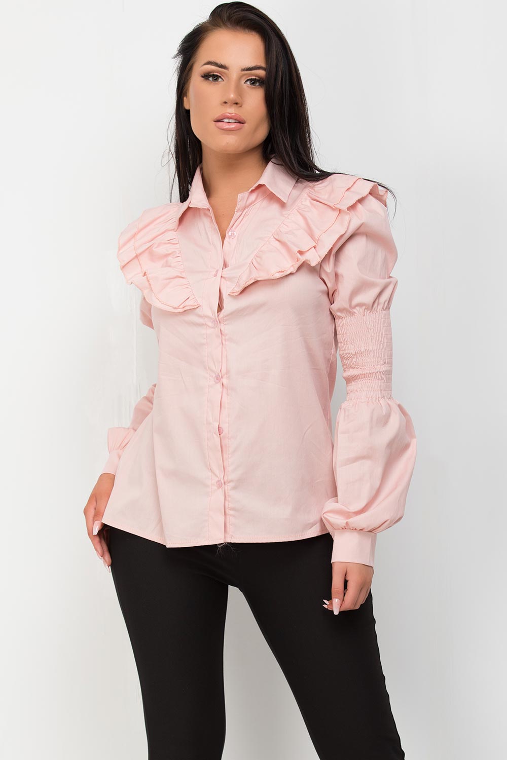 pink frill shoulder shirt blouse